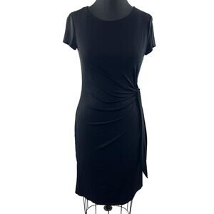 LAFAYETTE 148 Black Short Sleeve Round Neck Side Gathered Sheath Dress Size S